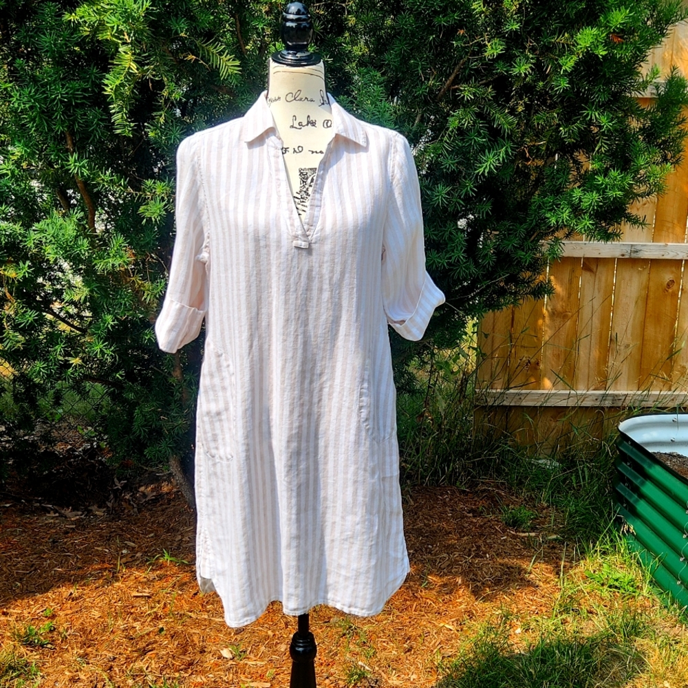 SOFT SURROUNDINGS ▪︎ Women's Striped Linen Shirt Dress, Size Medium, EUC
